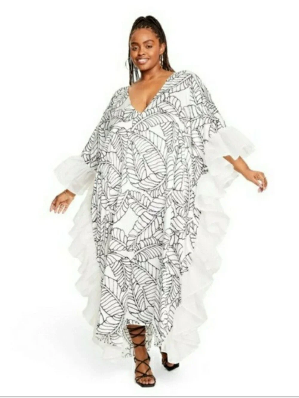 Fe Noel Leaf-Print Ruffle Swimsuit Cover Up Size 3X - Picture 2 of 8